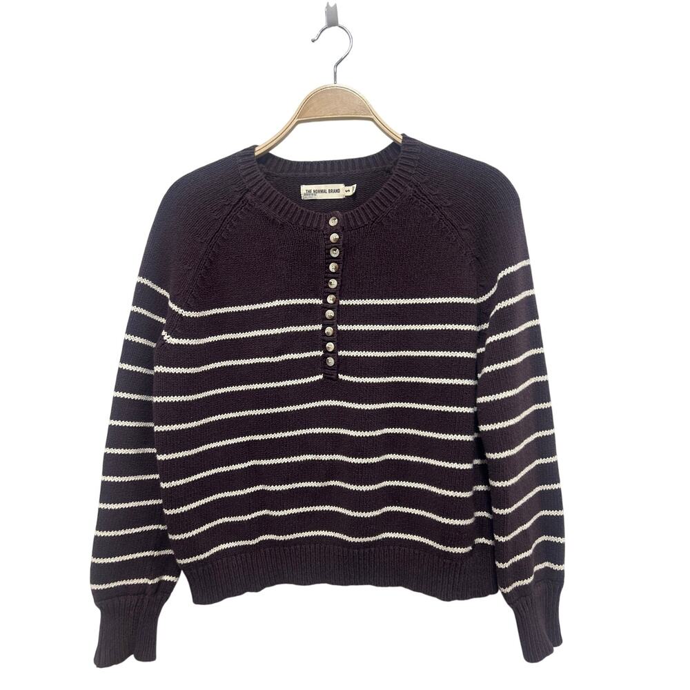 The Normal Brand Henley Brown White Striped Knit Sweater Small